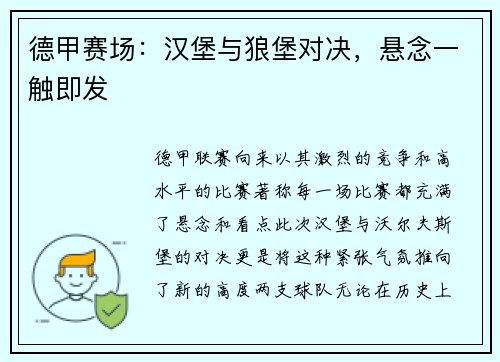 德甲赛场：汉堡与狼堡对决，悬念一触即发