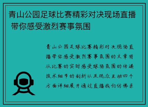 青山公园足球比赛精彩对决现场直播 带你感受激烈赛事氛围